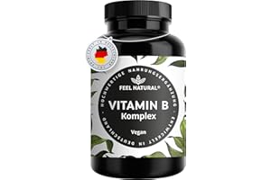 ‎FEEL NATURAL Vitamin B Komplex hochdosiert - Alle 8 B-Vitamine (B1, B2, B3, B5, B6, B7, B9, B12) - 500µg Vitamin B12 - bio-aktive Vitamin B-Formen - laborgeprüft, in Deutschland produziert - 180 vegane Kapseln