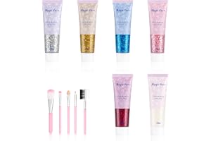 6 stycken Body glittergel, glitter ansikte gel 50 ml, kroppsglittergel, flytande ögonskugga holografisk, med 5 sminkborstar i set, glitter set smink för hår/kropp/nagel