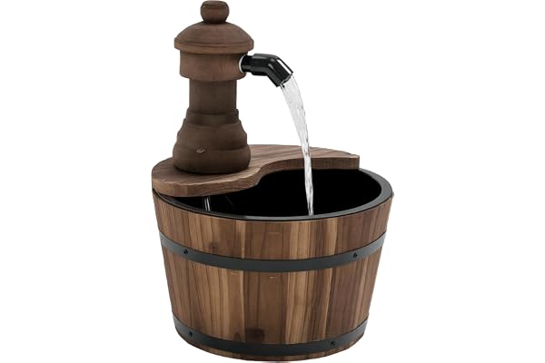 Outsunny Fontaine de Jardin tonneau Pompe à Eau Submersible Incluse Ø 27 x 37H cm Bois de pin Marron