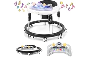 PIONCREY Baby Walker, Music and Lights Baby Walkers for Boys 6 Months, Foldable Baby Walkers for 1 Year olds with Activity Center, 7-Speed Height Adjustment (Dark Black)
