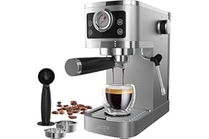 iceagle Machine à Café Expresso 20-Bar Pompe Italienne | 1350W Cafetière à Expresso Acier Inoxydable avec Mousseur à Lait, Cafetière et Machine à Cappuccino, Écran Tactile avec Manomètre, 1.3L
