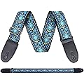 FOSDICK Sangle de Guitare Bleu Jacquard, Sangle Guitare Électrique Ajustable, Longueur 97-156cm pour Guitare Acoustique Électrique et Basse avec Boucles en Cuir