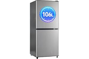 DRIXNO 106L-Zweizonen-Energiesparkühlschrank, 60L-Kühlschrank + 46L-4-Sterne-Gefrierschrank, 7 Temperatureinstellungen, 45 dB, Grau-Silber gebürstet, LED-Beleuchtung