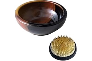Wazakura Minoyaki japoński zestaw niezbędnych narzędzi Ikebana – mały okrągły ceramiczny wazon na kwiaty i żaba Kenzan do układania kwiatów (czarny i czerwony wazon + 61 mm mosiężny Kenzan)