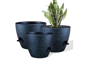 Warmplus 25/23/20cm Self-Watering Plant Pots Indoor, 3 Pack Large Plastic Plant Pots with Deep Reservior and High Drainage Holes for Indoor Outdoor Plants and Flowers, Speckled Black with Green