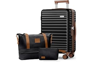 SHOWKOO Suitcase Medium 24-Inch Set Lightweight Expandable 100% PC Hard Shell Durable Trolley Carryon Luggage Double Spinner Wheels TSA Lock with Travel Duffels Bag +Toiletry Bag, Elegant Black