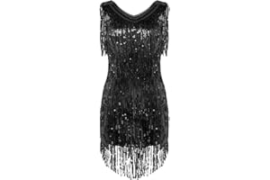 Agoky Damen Ärmellos Pailletten Kleid V-Ausschnitt Glitzer Quasten Partykleid Flapper Kostüm Tanzkleid Samba Tango Latein Outfits
