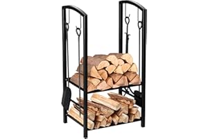 Outsunny Estante de Leña para chimenea Soporte para Leña de 2 Niveles Leñero Exterior e Interior Metálico con 4 Herramientas para Chimenea Carga Máx.100 kg 40x30x74,5 cm Negro