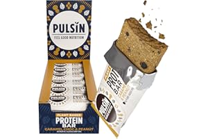 Pulsin - Caramel Choc & Peanut Vegan Protein Bars - 18 x 50g - 13g Protein, 5.1g Fibre, 240 Kcal Per Serving - Gluten Free, Plant Based, Palm Oil Free & Dairy Free Snack Bar