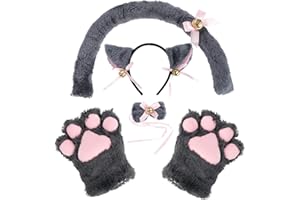 Kinsinder Conjunto de Cosplay de Gato, Disfraz de Gato, Orejas de Gatito de Gato Collar de Cola Patas Disfraz de Fiesta Adorable Lindo para Niños y Adultos (Gris)