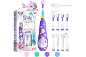 SEAGO Spazzolino Elettrico Bambini Spazzolino Denti Elettrico Spazzolini Elettrici Spazzolino Bambini 0-6 Anni Spazzolino Da Viaggio Con 8 Testine Per, Luce LED, modello balena SG-2139,Viola