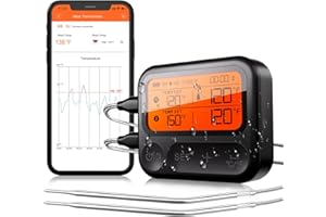 BFOUR Digitales Grill-Thermometer Bluetooth Fleischthermometer Ofenthermometer APP-Steuerung Bratenthermometer BBQ thermometer mit 2 Edelstahlsonden für Grill, Küche, Ofen - IPX5 Wasserdicht