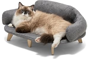 MEWOOFUN Sofá para gatos con patas de madera estables, silla para gatos, cama de felpa, sofá cálido y suave para gatos y perros pequeños, soporta hasta 15 kg, color gris oscuro