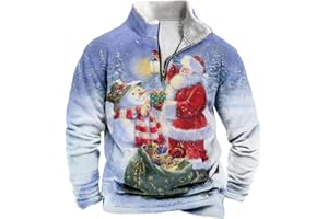 GENERIC Christmas Jumpers for Men UK 1/4 Zip Fleece Xmas Printed Pullover Sweatshirt Long Sleeve Stand Collar Funny Jumper Plus Size Soft Comfortable Ugly Tops Warm Christmas Outfits