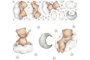 APKPESTERML Pegatina de pared, Animales Oso de Dibujos Adhesivos Pared Vinilos Decorativos Con Oso Nubes Estrellas Y Luna Lovely Cartoon Teddy Bear Cloud Moon Star Wall stick para HabitacióN De NiñOs -63cm*80cm