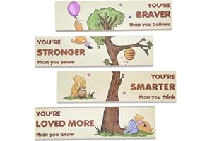 PAMBO Winnie Bear Baby Shower Decorations, 4-Panel Wooden Nursery Decor Room Inspirational Wall Art, Motivational Quote Signs