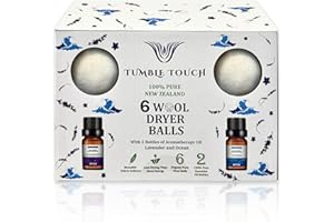 TUMBLE TOUCH 6 XL Wool Dryer Balls - 2 Essential Oils Gift Box Set. Natural Fabric Softener. Better Alternative to Sheets, Plastic Balls & Liquid Softener. Reduce Clothing Wrinkles & Saves Drying Time