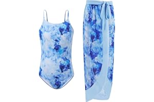 Naiyafly Girls One Piece Swimsuit with Cover Up Wrap Skirt Set Tropical Sequin Girls Swimsuit Cool Printed Bathing Suit Girls Beach Swimwear 9-14 Years