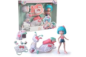 4SF - Hello Kitty Pretty Pink Scooter, Muñeca Fashion Japonesa con Moto y Accesorios, Figura de 19.5 cm con 15 Puntos de Articulación, Incluye Casco y Bolso, Top con Microshorts, Famosa (HKTF3000)