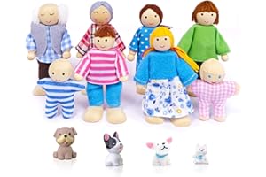 DUOCIYUAN Puppenhaus Puppen, 12 Stück Puppenhaus Figuren mit Katze und Hund Puppen Familie Set Holzpuppe Spielzeug für Kinder Puppenfamilien Biegepuppen für Puppenhaus Zubehör Geschenk