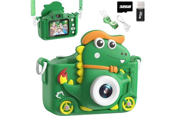 Appareil Photo Enfant Dinosaure, 2" 1080P Appareil Photo Numérique, HD Selfie Apareille Photo 32G, Eouet Enfant Et Cadeau Fille 3 4 5 6 7 8 9 10 11 12 Ans, Bien Jeux pour Enfants (Vert)