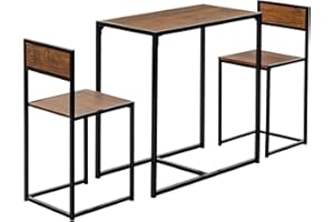 Harbour Housewares Industrial Breakfast Bar - 2 Seater Small Dining Table and Chairs Set Brown Wooden Compact Table with Bar Stools Steel Framed Bistro Furniture