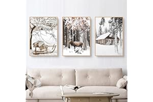 TROYSINC 3er Premium Poster Set, Winter Bilder, Elch, Holzhaus, Wald Wandkunst Wandbilder, Leinwand Drucke Wohnzimmer bilder Modern Wanddeko Bilder, Kein Rahmen (A,50x70cm)