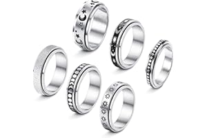 JeweBella 6 Piezas Anillo Antiestres Acero Inoxidable para Mujer Hombre Anillo Ansiedad Anillo Antiestres Giratorio Anxiety Ring Anillos Triple Entrelazado Rolling Flower Moon Star Anillo Talla 9-22