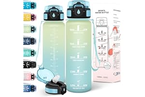 Motswedi Gourde 1l, Anti-Fuite, Gourde Paille, avec Marqueur de Temps, Bouteille d'eau, Poignée de Transport, Bouteille avec Paille, Facile à Ouvrir, pour Randonnée, Sport, Blanc Cassé Bleu Clair