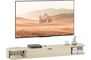 HOMCOM Mueble de TV Suspendido, Mueble de TV para Salón con Cajón Abatible, 2 Estantes Abiertos, Gestión de Cables, Estilo Moderno, para Televisión 60 Pulgadas, 140x24x16 cm, Madera Natural