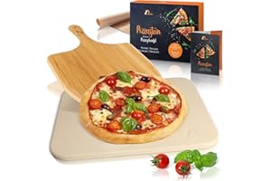 Amazy Piedra para Pizza (38 x 30 x 1,5 cm) + Pala de Bambú + Papel Horno Reutilizable + Instrucciones - DELE a su Pizza el Original Sabor Italiano al Horno de leña.