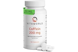‎VITA WORLD Coffein Tabletten - Koffeintabletten hochdosiert 200mg pro Tag als Wachmacher (180 vegane Tabletten) - ideal als Muntermacher für Fokus & Energie - laborgeprüft, ohne Zusätze, glutenfrei - vitaworld