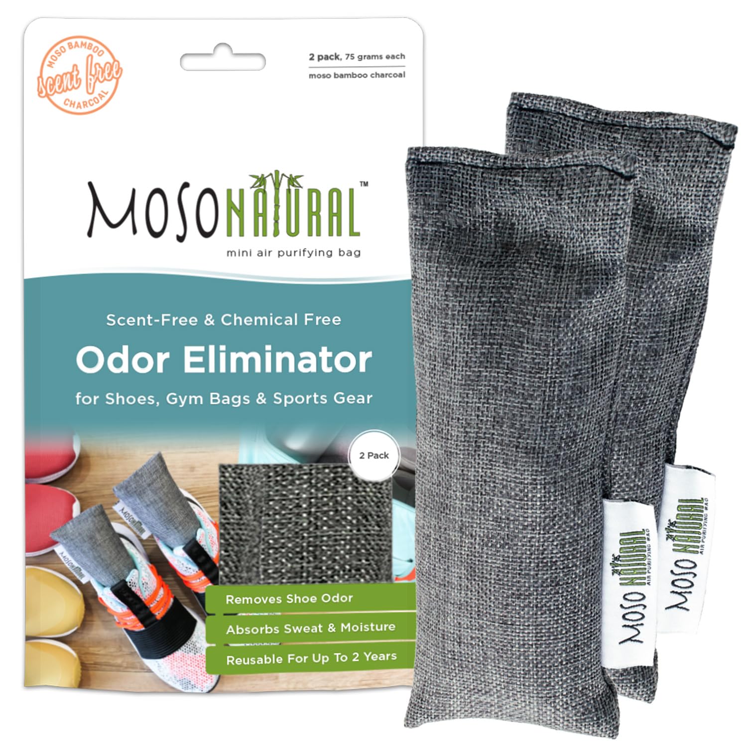 MOSO NATURAL Odor Absorbers, Eliminator For Shoes, Gym Bags&Sports Gear. Premium Moso Bamboo Charcoal Air Purifying Bag And D
