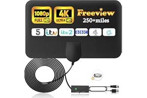 BAOLUOD Indoor TV Aerial 250+ Miles Long Range, Freeview Digital TV Aerial with Amplifier Signal Booster, TV Antenna Support 4K 1080p Local HDTV Channels and All Types TV
