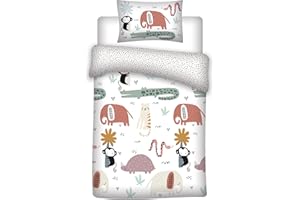 AYMAX Kleinkinder-Bettwäsche-Set, Tiere Wendemotiv, Baby Bettbezug 100 x 135 cm, Kopfkissenbezug 40 x 60 cm, Baumwolle, mit Elefanten, Krokodilen, Affen...