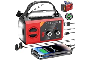PAZEAU Radio Portatile Emergenza FM/AM con batteria 30000 mAh, Radio a Manovella, Radio Solare con Torcia LED 3 Modalità, Lampada da Lettura, Allarme SOS, Bussola per Campeggio, Ourdoor, Emergenza(Rosso)