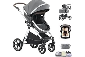 Shineey Poussette 3 en 1, Poussette Bébé Compacte Réglable en Hauteur Avec, Landau Trio Cadre en Alliage d'aluminium Haut Paysage système de voyage (D2DEEPGREY, H2-D)