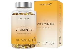 ‎AAVALABS Vitamin D3 Hochdosiert Depot 5000 IU 365 Kapseln - Vitamin D3 5000 IE mit kaltgepresstem nativem Olivenöl Extra für optimale Absorption - Vitamin D Hochdosiert Ohne Gentechnik, glutenfrei, laktosefrei
