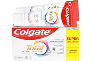 Colgate Total Prevención Activa Original Pasta de Dientes 2x75ml | Combate las causas principales* de los problemas de salud bucodental | 24h de Protección antibacteriana¹ | Clínicamente Probado