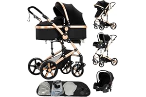 Reenborn Poussette 3 en 1, Poussette Bebe avec Réversible Deux Façons de Pousser, Pousette Cadre Aluminium Haute Paysage, Pousette 3 en 1 avec Conception Pliable Un Clic (588 Black Gold)