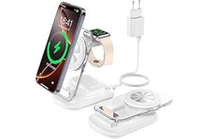 MUKIYA Mag Safe Ladestation, 3 in 1 Mag Safe Ladegerät, faltbar einstellbar Winkel mit Atmosphärenlicht, Kompatibel mit Telefon IWatch/Airpods, für iWatch iPhone 16/15/14/13, Weiss