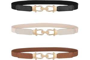 JASGOOD Women Skinny Elastic Belt for Dresses,Thin Retro Stretch Waist Belt with Golden Buckle 2 Pack
