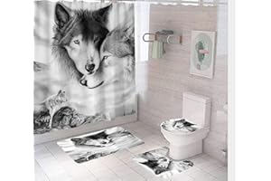 LucaSng Shower curtain set pattern Polyester shower curtain decoration shower curtain bath carpet toilet cover and U-shaped carpet non-slip bath carpet set180x200cm Animal wolf