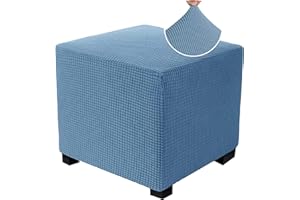 RAPRAP Stretch Jacquard Ottoman Cover, Soft Comfortable Dustproof Footstool Covers for Square, Cube and Rectangle Ottoman, Machine Washable Pouffe Cover with Elastic Bottom, Gray Blue, S
