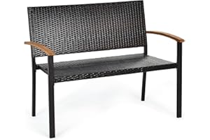 COSTWAY Rattan Garden Bench, 2 Seater Wicker Leisure Loveseat with Acacia Wood Armrests, Outdoor Furniture Patio Yard Park Bench Weave Lounger Chair Seats