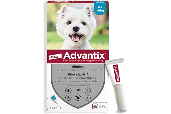 Advantix Petit Chien entre 4 et 10 kg – Pipettes pour chien contre 6 parasites – Traitement en pipette pour une protection en continu pendant 4 semaines – 6 x 1,0 ml