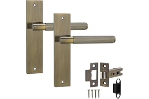 Decoranddecor Hera Antique Brass Knurled Backplate Assembly with 2.5in Tubular Mortise Latch & Fire Rated Hinges – Secure Internal Lever Door Handle Kit for Classic Commercial and Residential