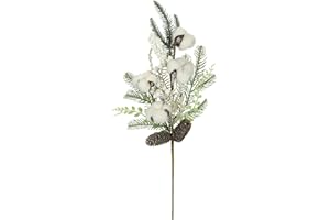 ‎FLAIR FLOWER Künstlicher Tannenzweig mit Beeren Zapfen Eukalyptus Baumwolle beschneit 63cm Dekozweig Tannengrün Adventskranz Deko Zubehör Kranz Weihnachtsdeko Stiel Kunstzweig Kunstblume AST, 63 cm