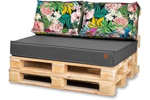 Bielik Palettenkissen 120 x 80 Set für Palettenmöbel | Wasserdicht Europaletten Sitzkissen Made in EU | Palettensofa komplett besteht aus 3 Teilen in Farbe: Dunkelgrau (Dunkelgrau+Blumen)