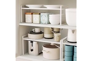 BAIEUEJO 2pcs Shelf Insert, Kitchen Cupboard Organiser with Non-Slip Mat, Kitchen Cabinet Insert, for Kitchen/Bathroom/Table Top/Sideboard (2pcs,white)